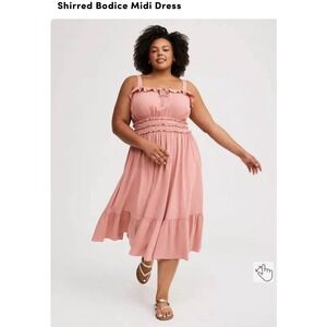 TORRID Shirred Bodice Midi Dress Torrid Ivory Floral Lined Pockets‎ Tiered  1X